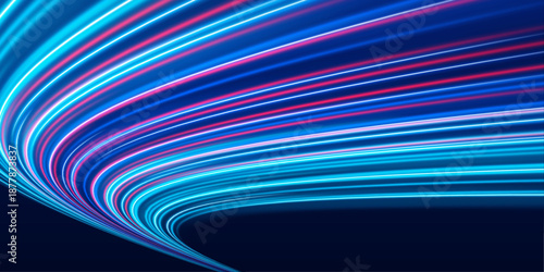 Glowing neon laser lines ripple along urban highways at night. Light trail waves, motion swirls, and energy lines illustrate dynamic futuristic traffic flow in the dark. Vector illustration.