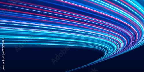 Neon laser lines curve along a city highway at night. Motion trails, glowing wave energy, and swirls depict futuristic traffic movement in the dark. Vector illustration.