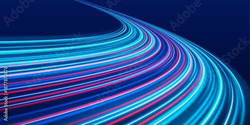 Neon laser blue, purple lines ripple across urban streets at night. Motion trails, glowing energy waves, swirling lines depict futuristic speed and traffic movement in the dark. Vector illustration