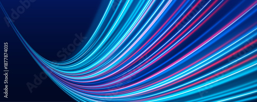 Neon laser lines curve along a city highway at night. Motion trails, glowing wave energy, and swirls depict futuristic traffic movement in the dark. Vector illustration.
