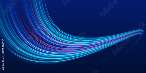 Glowing neon laser lines ripple along urban highways at night. Light trail waves, motion swirls, and energy lines illustrate dynamic futuristic traffic flow in the dark. Vector illustration.