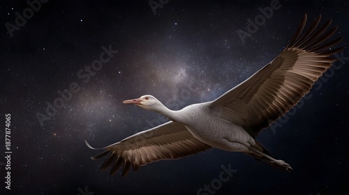 A majestic bird in flight soars through a vast star filled night sky creating an ethereal and wondrous scene