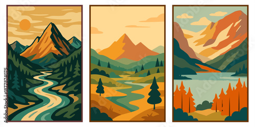 Set of three vintage-style mountain landscape posters featuring winding rivers, serene lakes, and pine forests at sunset. Classic nature vector illustrations for travel and decor