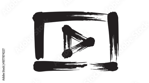 A minimalist black and white graphic illustration of a play button inside a square frame viewed from a straightforward perspective