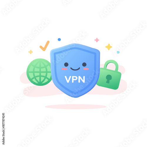 VPN Security Shield Icon Cute Flat Vector Illustration. Virtual Private Network Protection With Lock And Globe.