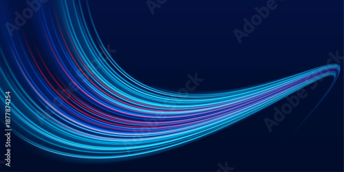Glowing blue, purple neon laser streaks move across dark city roads at night. Light trail waves, energy swirls, and motion lines create high-speed traffic visuals. Vector illustration.