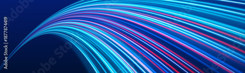 Futuristic neon laser streaks flow along a dark city road at night. Motion lines, glowing energy waves, and wave trail swirls depict high-speed traffic movement. Vector illustration.