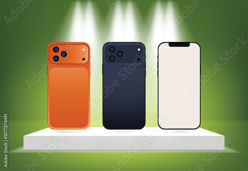 Smartphone mockup on podium with spotlight, modern mobile phone presentation background