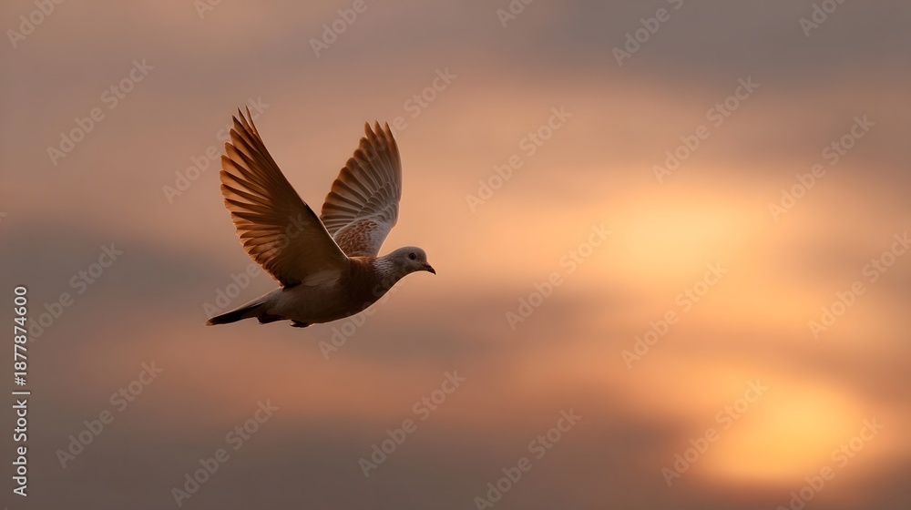 Obraz premium A lone dove flies gracefully against a vibrant sunset sky its wings spread in tranquil motion