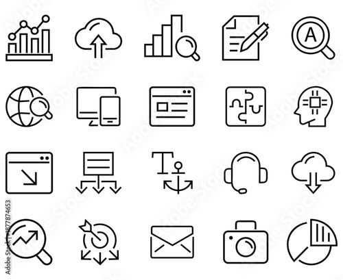 Collection of search engine optimization line icons. Contains such as target, keywording, creativity, management, optimization and more.  Thin line web icon. Vector illustration.