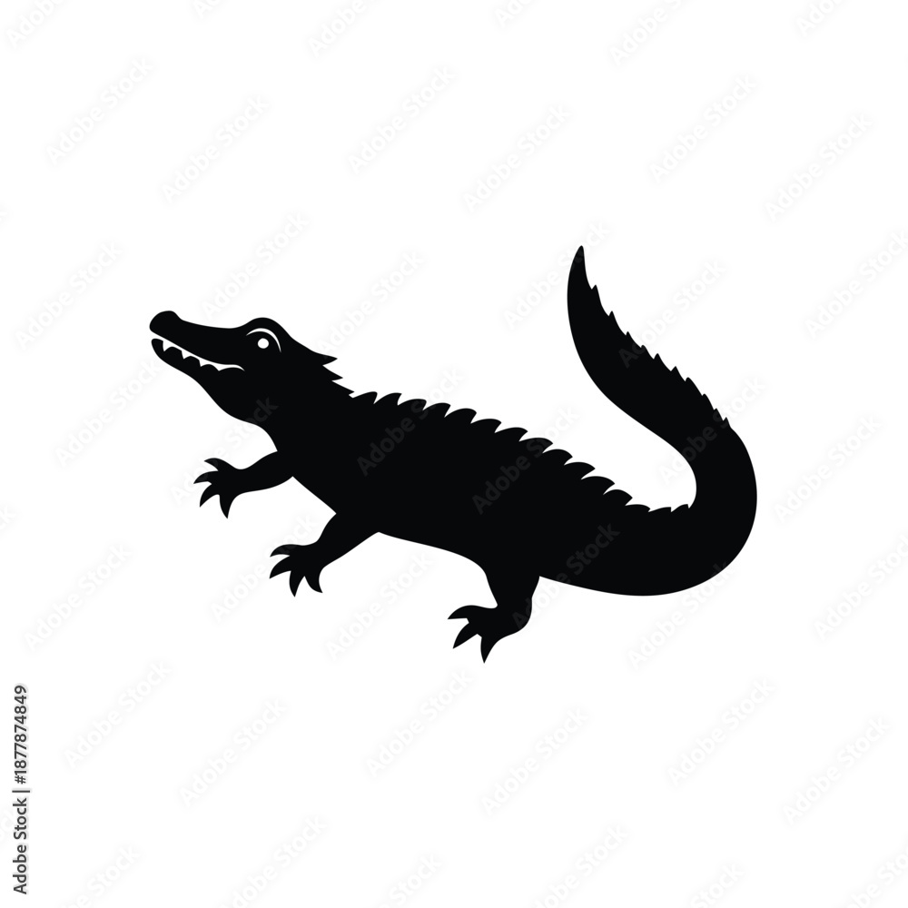 Fototapeta premium Black Alligator Silhouette Isolated on White Background Reptile and Swamp Wildlife Design