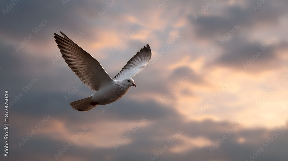 Obraz premium A white dove flies gracefully against a dramatic sunset sky with overcast clouds