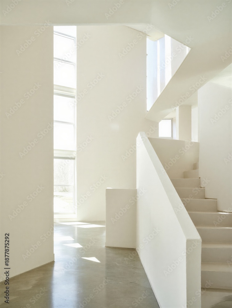 Obraz premium A bright, modern staircase in a minimalist interior featuring white walls and large windows. Clean lines and open space create a serene atmosphere.