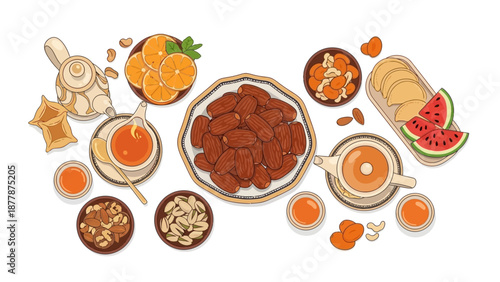 Top view of traditional Middle Eastern iftar meal with dates and tea