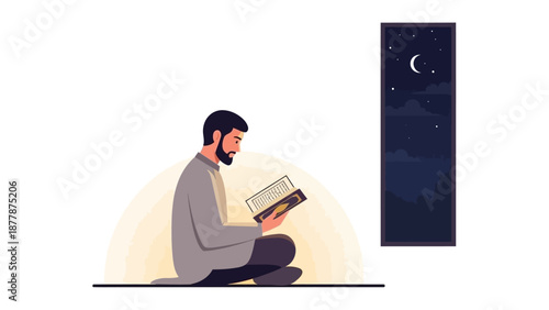 Man reading book at night by the window with crescent moon