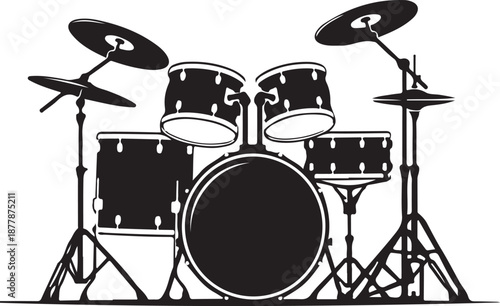 Drum set silhouette illustration with multiple drums and cymbals isolated on transparent background