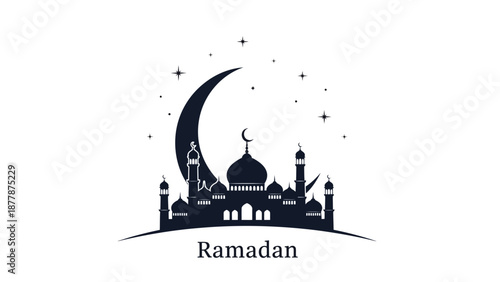 Silhouette of Mosque with Crescent Moon for Ramadan Celebration