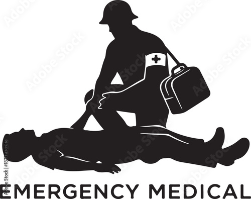 Emergency medical technician providing first aid to injured person with medical bag