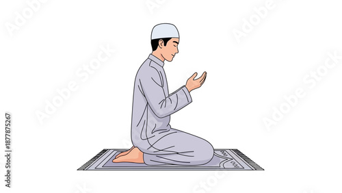 Muslim man in traditional attire praying on a prayer mat
