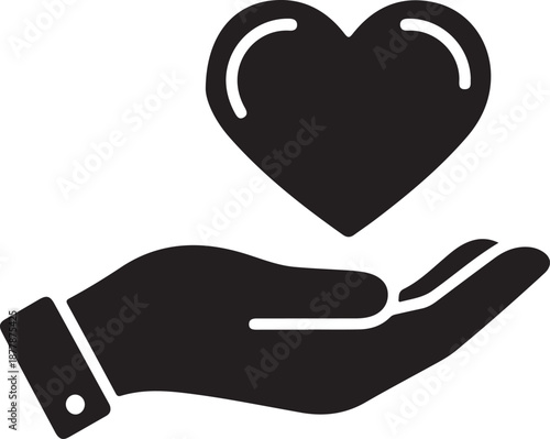 Hand holding heart icon symbolizing love care and kindness in simple design