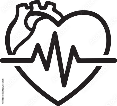 Heartrate monitor icon with anatomical heart and cardiogram in single graphic element
