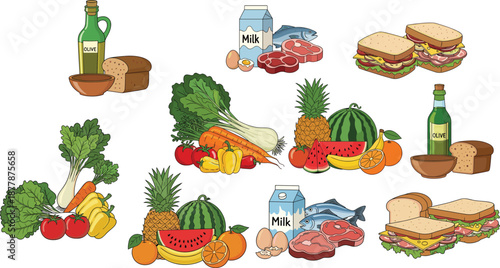 Cartoon food groups including fruits, vegetables, proteins, grains, and oils, ideal for nutrition education, healthy eating visuals, and balanced diet concepts.