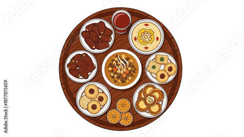 Top view of traditional Indian meal with diverse dishes on wooden table