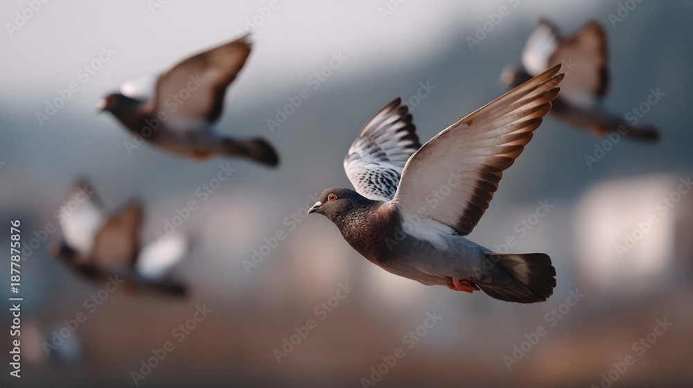 Obraz premium A flock of pigeons captured mid flight their wings spread against a soft blurred natural background