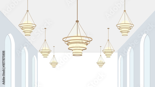 Elegant chandeliers in modern hallway with arched windows