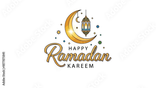 Happy Ramadan Kareem Greeting with Crescent Moon and Lantern