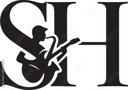 Silhouette of person playing guitar inside large letters isolated on transparent background