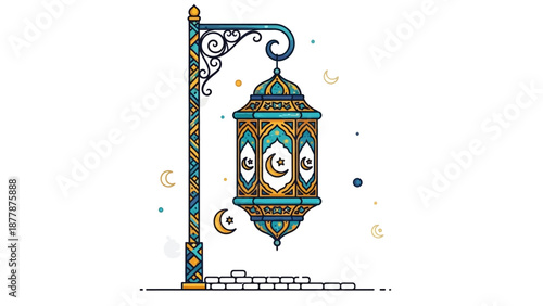 Ornate Islamic lantern with crescent moon design on white background