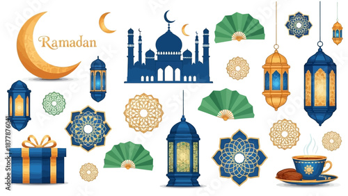 Islamic decorative elements for Ramadan celebration with lanterns and mosque