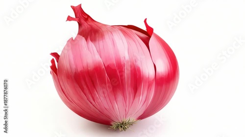 This is a fresh red onion with its peel still attached. It appears ripe and ready to eat or use in cooking.
