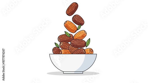 Illustration of dates falling into a white bowl on white background