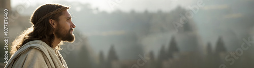 Side view. Jesus Christ, The savior of mankind. Banner.