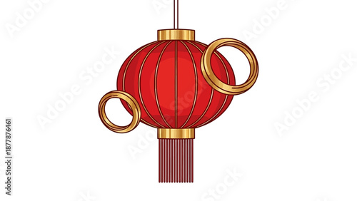 Vector illustration of a vibrant red Chinese New Year lantern with golden accents and tassel hanging against a clean white background.