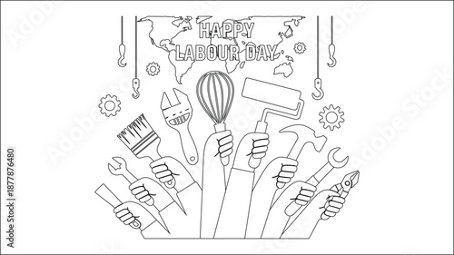 Happy Labour Day hands holding various tools world map outline