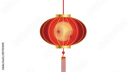 A vibrant red Chinese lantern with golden accents and a tassel hangs against a clean white background, symbolizing the Chinese New Year and traditional cultural celebrations.
