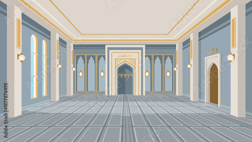 Elegant interior of a spacious mosque with ornate arches and windows
