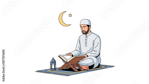 Muslim man reading Quran on prayer mat under crescent moon