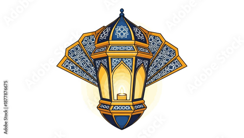 Intricate traditional lantern with blue and gold geometric patterns
