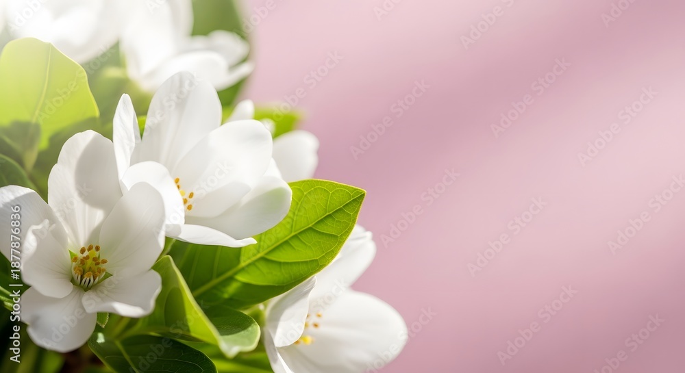 Fototapeta premium Close-up view of pristine white apple tree blossoms and lush green leaves, bathed in soft sunlight. The background is a smooth, gradient pink, creating a delicate and airy atmosphere.