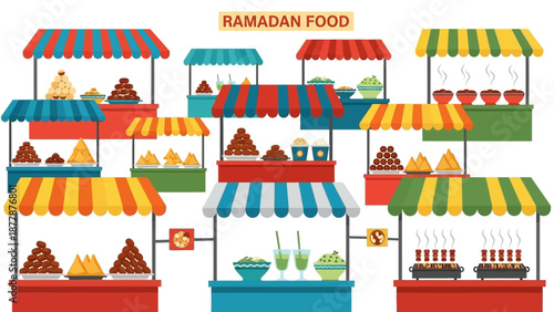 Colorful Ramadan Food Stalls with Traditional Cuisine and Decor