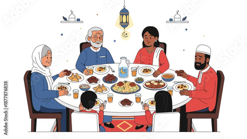 Family enjoying festive meal together during Ramadan celebration