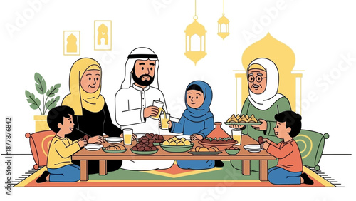 Family enjoying traditional Middle Eastern meal together indoors