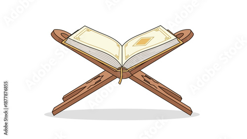 Open Quran on wooden stand isolated on white background