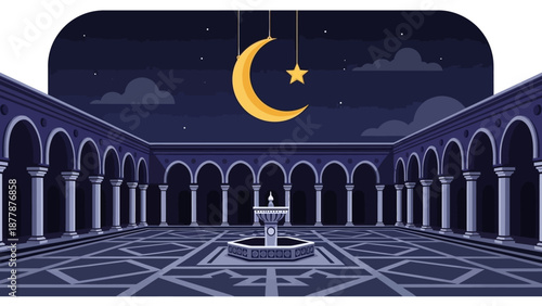Islamic courtyard at night with crescent moon and star