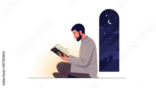 Man reading a book by moonlit window in peaceful setting