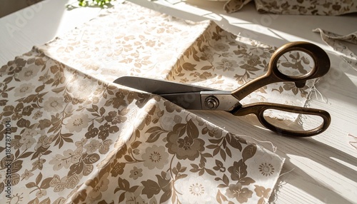 Crafting with care scissors cutting floral patterned fabric with sunlight casting shadows on a table